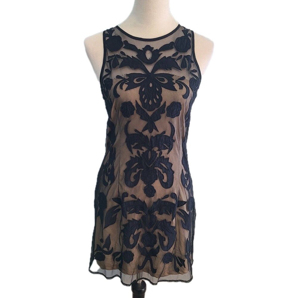 XXI Embroidered Mesh Mini Dress S Black Tan Illusion Whimsigoth Coquette Party